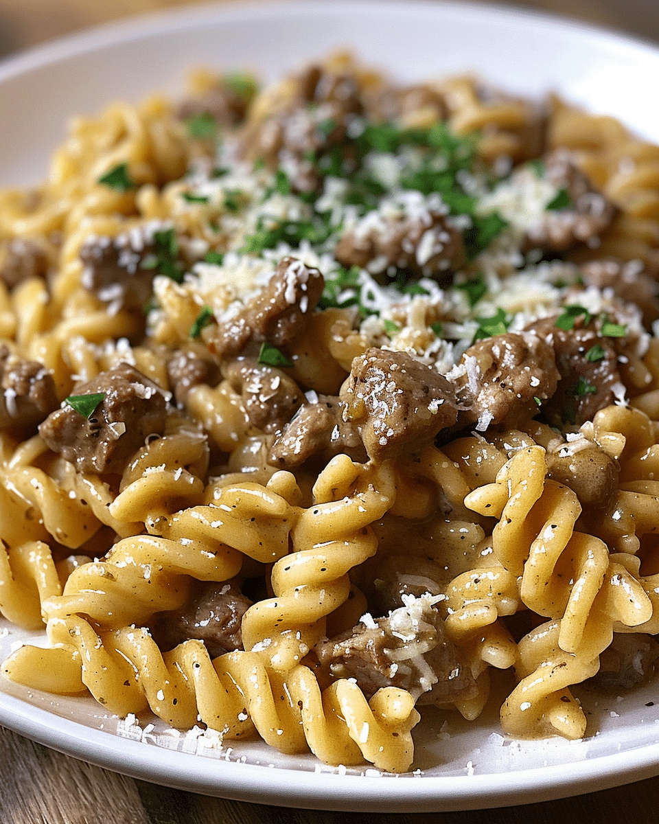 Beef and Rotini in Garlic Parmesan Sauce