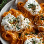 Creamy Roasted Red Pepper Pasta with Burrata and Fresh Herbs