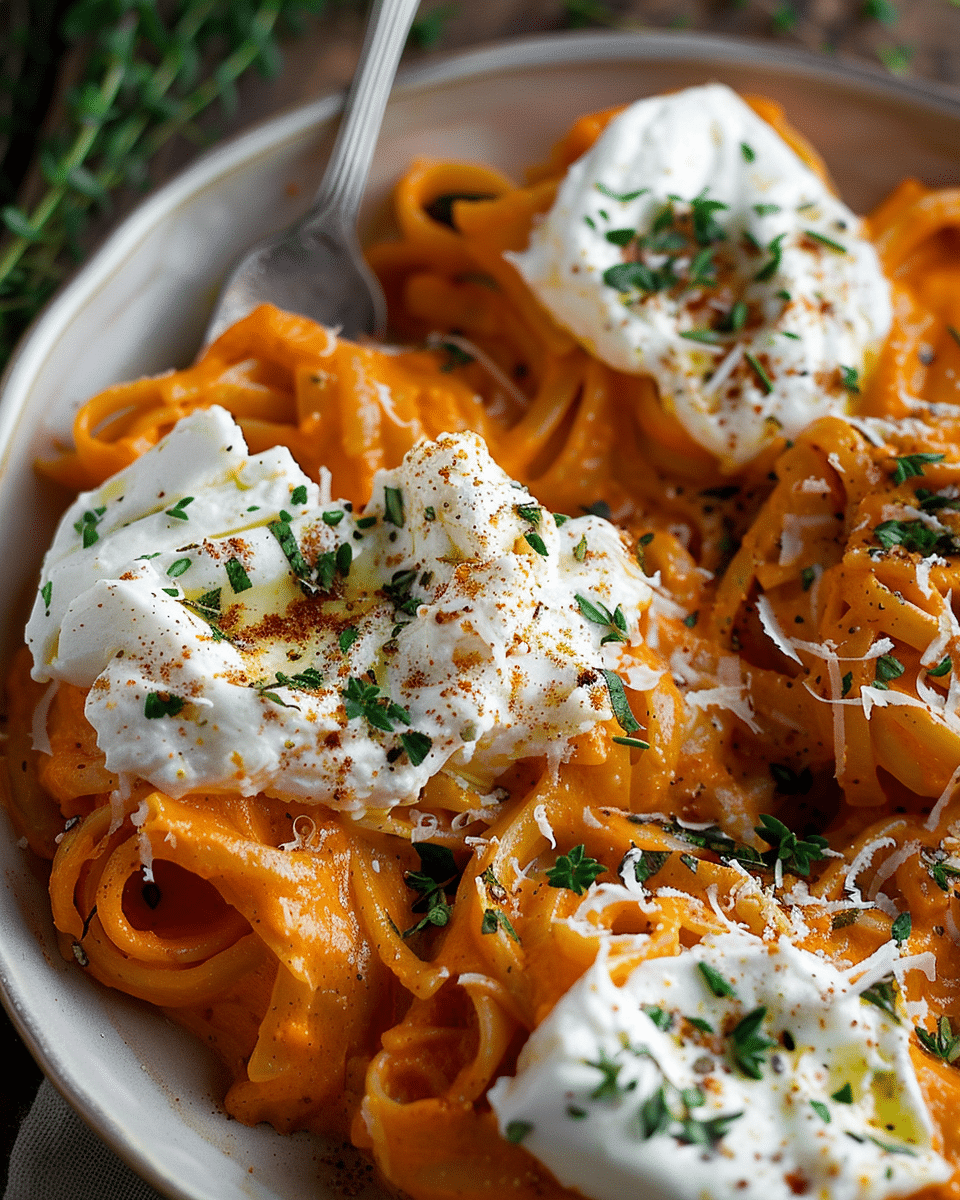 Creamy Roasted Red Pepper Pasta with Burrata and Fresh Herbs