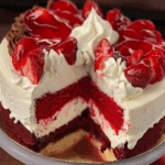 Decadent Red Velvet Strawberry Swirl Cheesecake