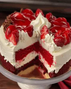 Decadent Red Velvet Strawberry Swirl Cheesecake