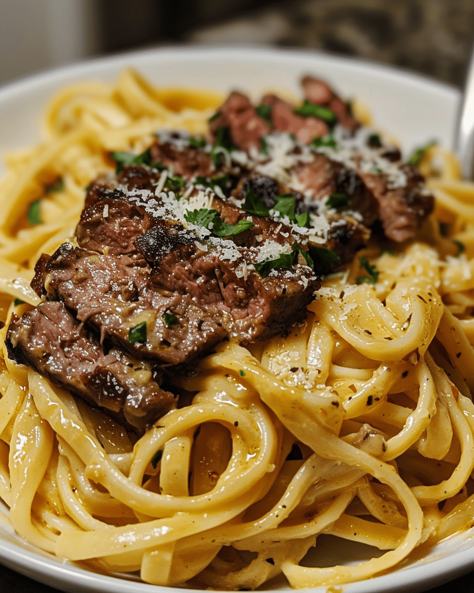 Savory Garlic Butter Beef with Creamy Parmesan Linguine