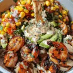 Grilled Shrimp Power Bowl with Corn Salsa and Creamy Garlic Drizzle