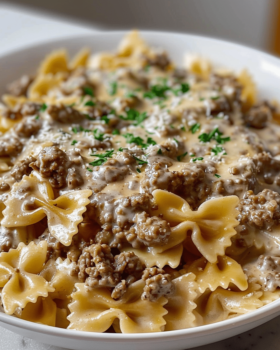 Beef and Bowtie Pasta with Alfredo Sauce