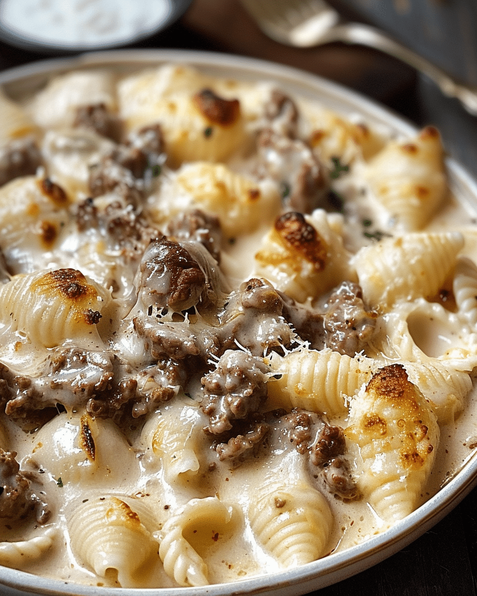 Creamy Beef and Shells in Garlic Parmesan Sauce