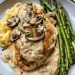 Creamy Garlic Mushroom Chicken Alfredo with Hot Honey Parmesan Roasted Asparagus