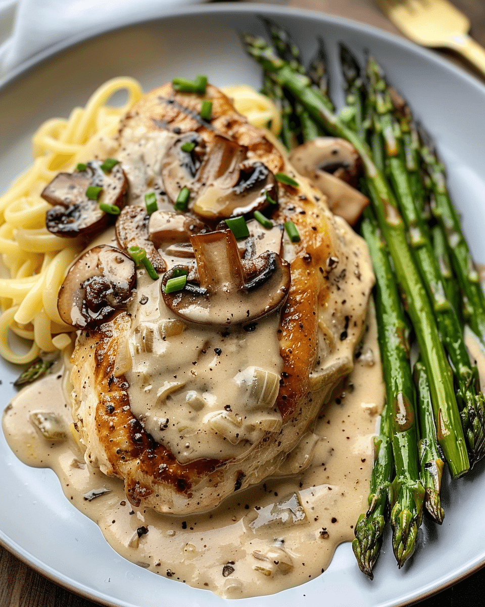 Creamy Garlic Mushroom Chicken Alfredo with Hot Honey Parmesan Roasted Asparagus