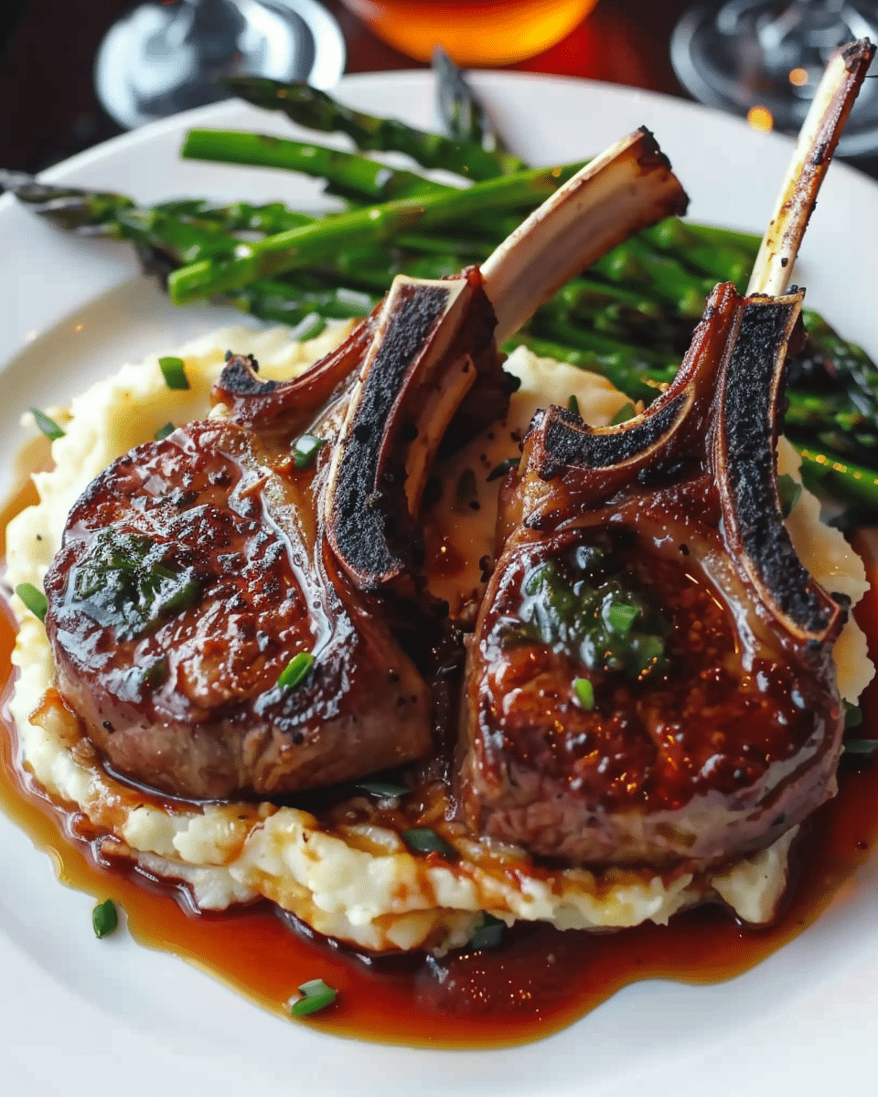 Lamb Chops over Lobster Mash with Asparagus