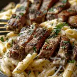 Steak and Creamy Garlic Parmesan Pasta