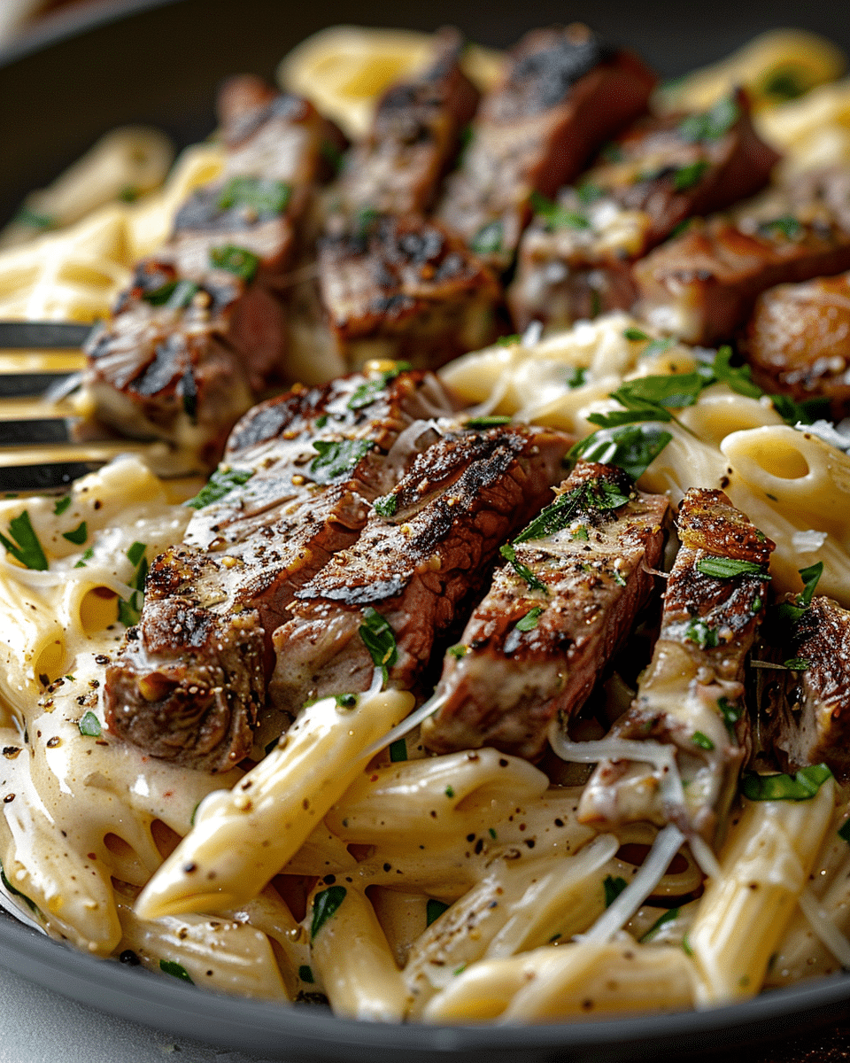Steak and Creamy Garlic Parmesan Pasta