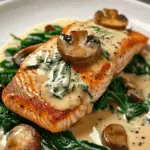 Garlic Butter Salmon with Spinach & Mushrooms in Creamy Sauce