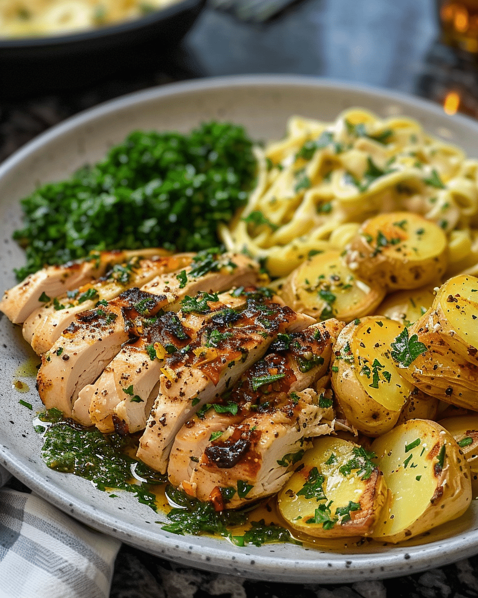 Greek Chicken Alfredo & Garlic Potatoes with Spicy Hot Honey Tahini Pesto