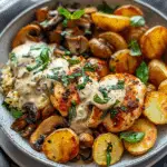 Coconut Basil Garlic Chicken Stir-Fry Bowl with Parmesan Crispy Potatoes & Creamy Mushroom Alfredo
