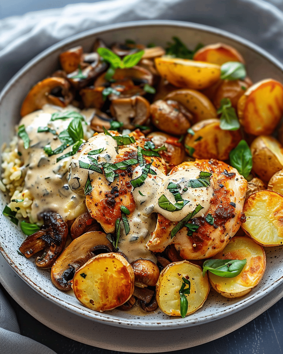 Coconut Basil Garlic Chicken Stir-Fry Bowl with Parmesan Crispy Potatoes & Creamy Mushroom Alfredo