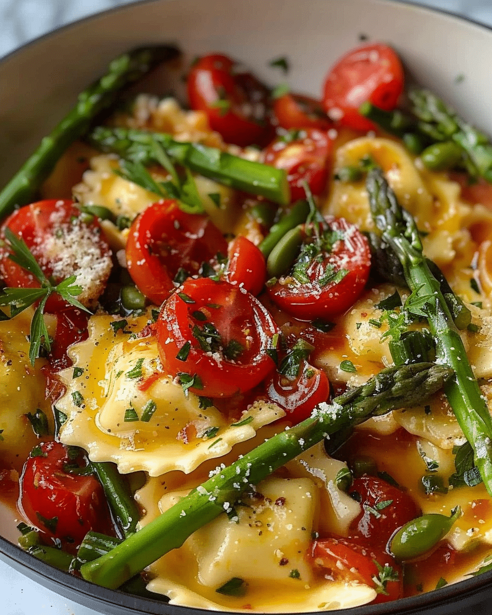Ravioli with Tomatoes, Asparagus, Garlic, and Herbs Recipe