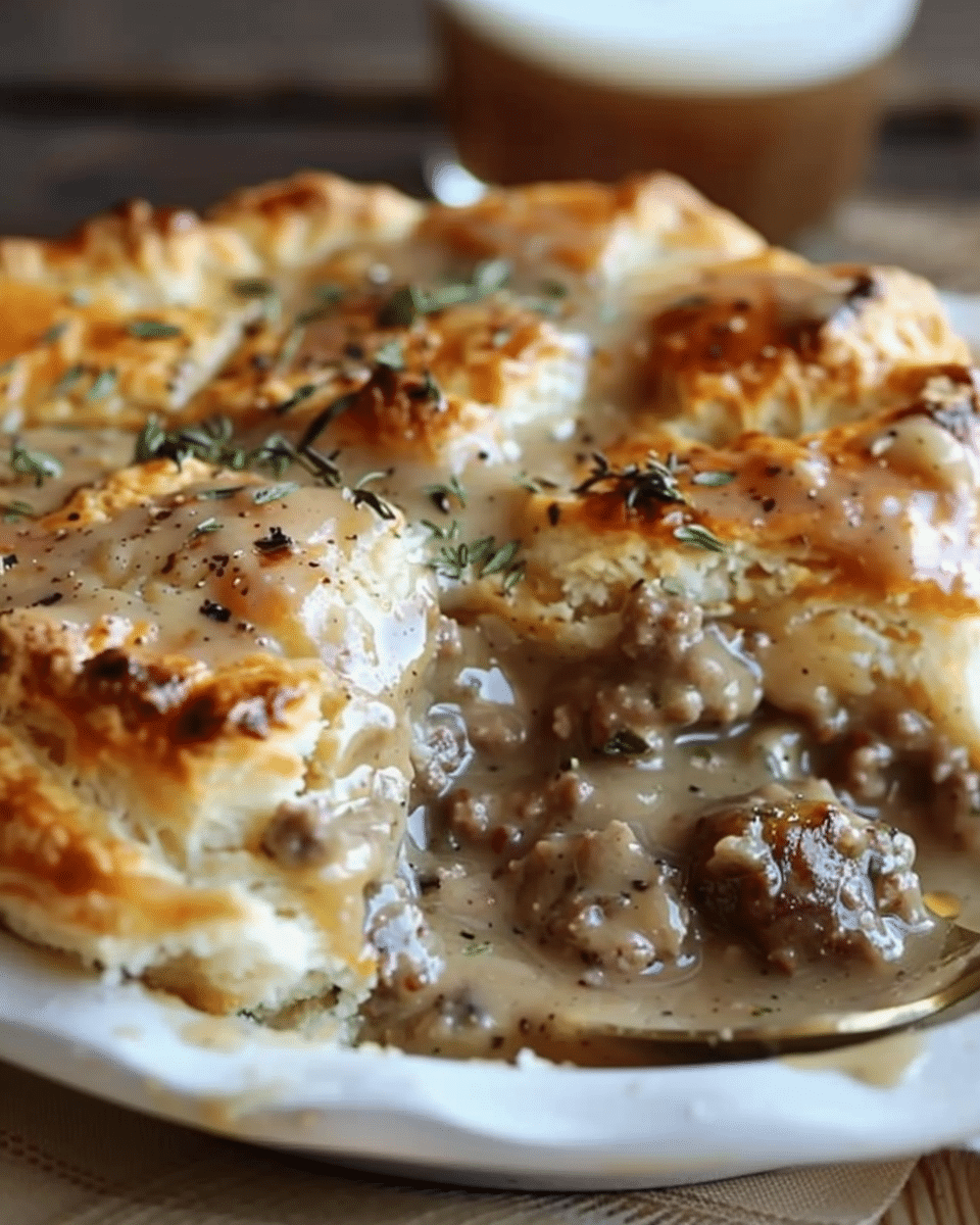 Sausage, Rich Gravy, and Biscuit Pie