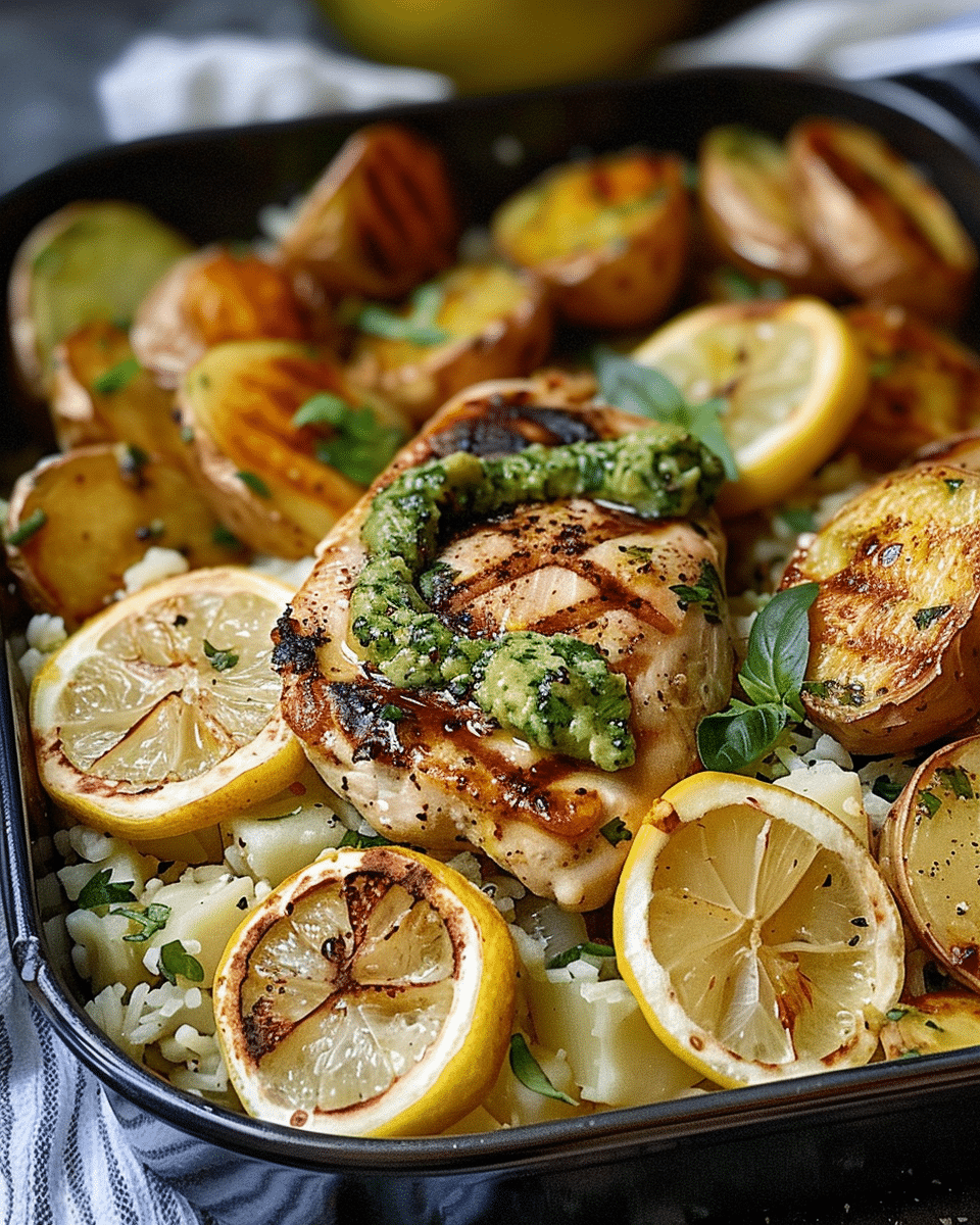 Greek Lemon Chicken Alfredo with Hot Honey Avocado Pesto and Garlic Parmesan Roasted Potatoes