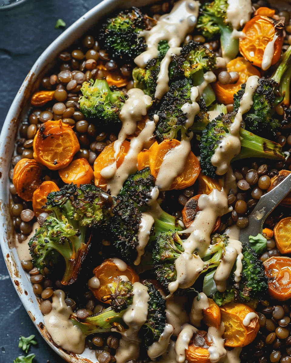 Roasted Lentils Sheet Pan Meal with Maple Tahini Dressing