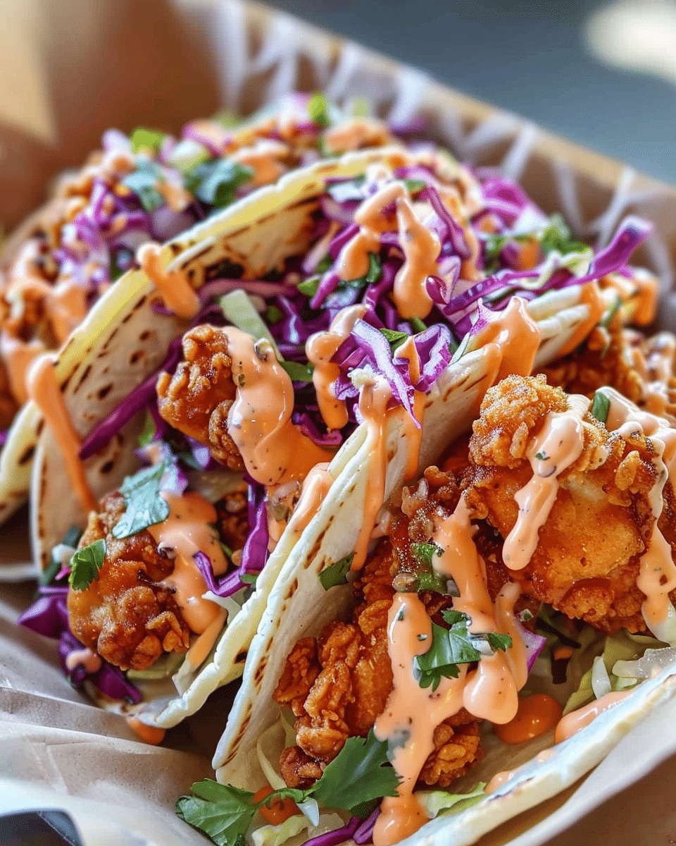 Crispy Bang Bang Chicken Tacos with Slaw