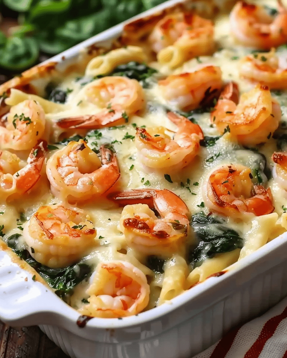 Creamy Tuscan Shrimp & Spinach Pasta Bake