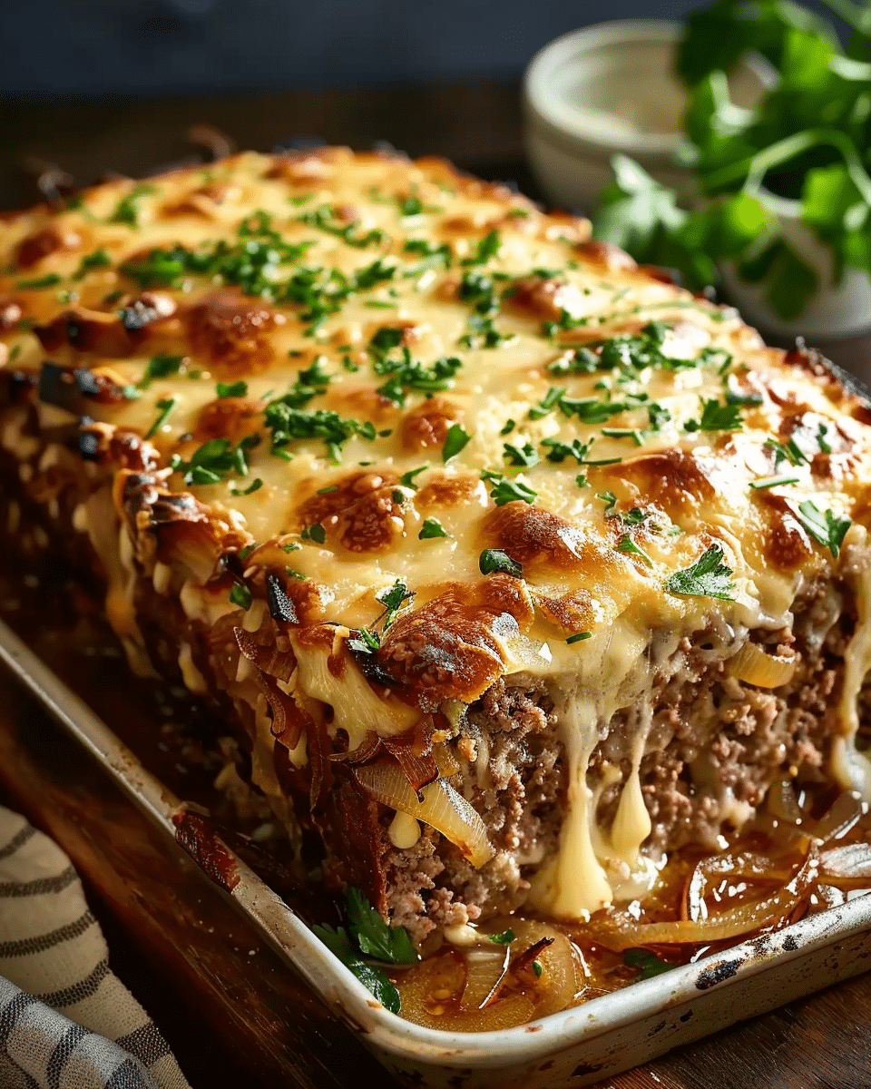 French Onion Meatloaf with Melted Swiss Cheese