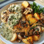 Greek Garlic Chicken with Roasted Potatoes & Creamy Mushroom Pesto: A Bold Mediterranean Feast