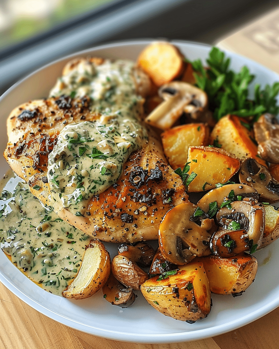 Greek Garlic Chicken with Roasted Potatoes & Creamy Mushroom Pesto: A Bold Mediterranean Feast