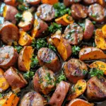 Sheet Pan Sausage and Sweet Potatoes with Honey Garlic Sauce