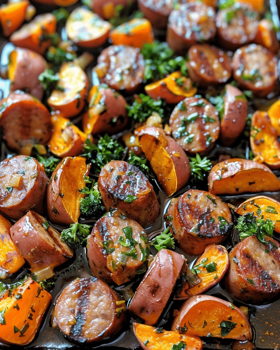 Sheet Pan Sausage and Sweet Potatoes with Honey Garlic Sauce