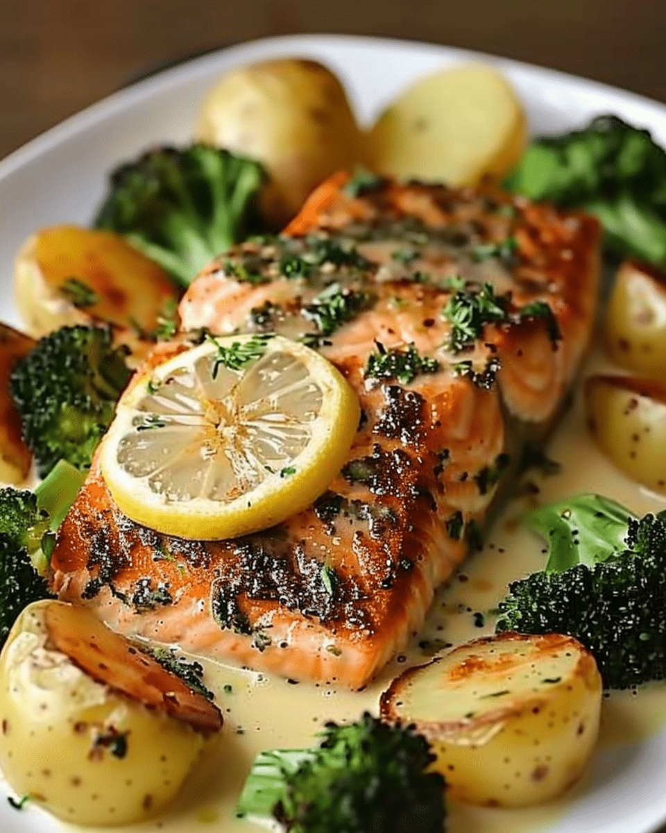 Lemon Butter Salmon with Crispy Potatoes and Broccoli