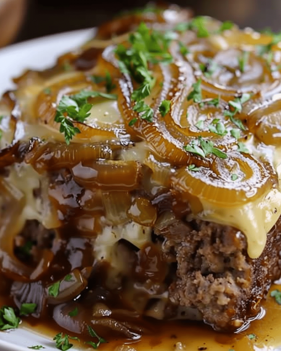 Crockpot French Onion Meatloaf with Melted Swiss Cheese