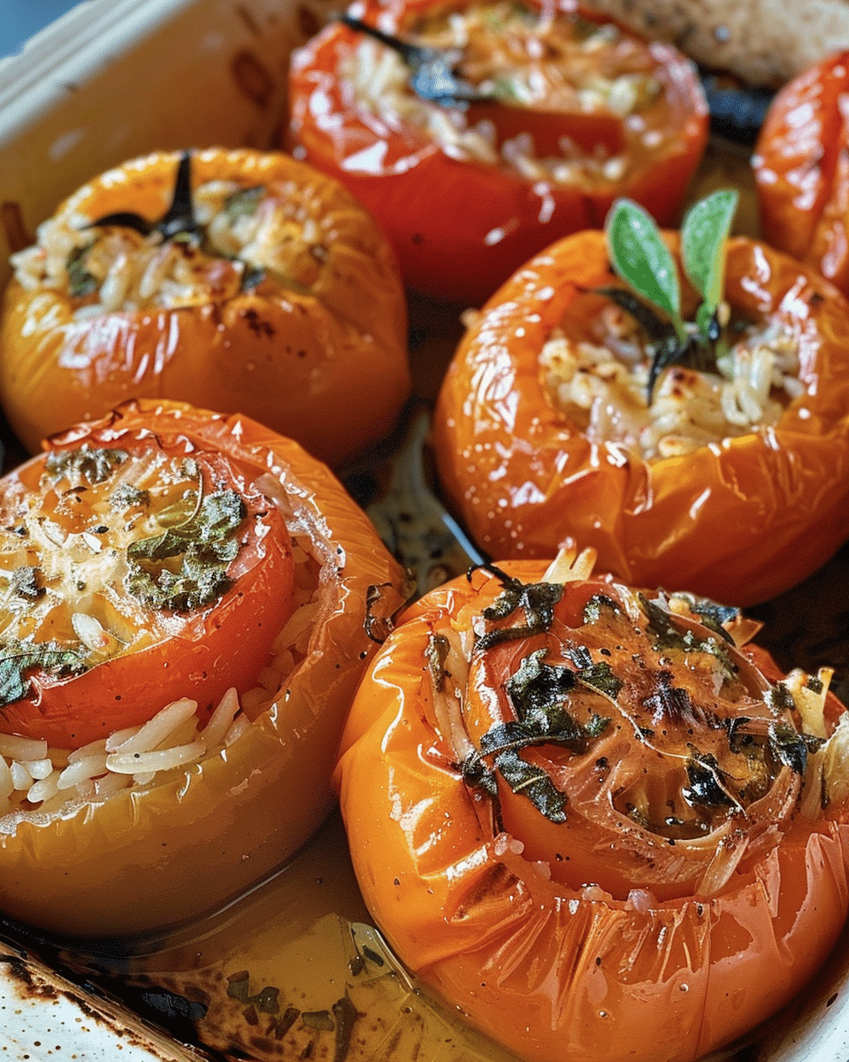 Oven-Roasted Tomatoes and Peppers Stuffed with Herbed Rice, Spices, and Olive Oil