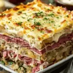 Reuben Bake with Layers of Corned Beef, Sauerkraut, and Swiss Cheese
