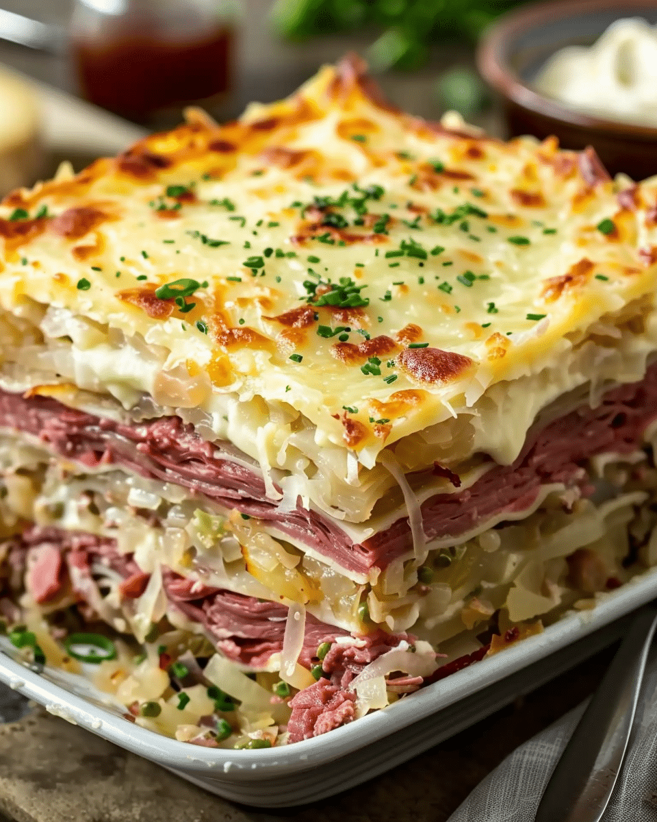 Reuben Bake with Layers of Corned Beef, Sauerkraut, and Swiss Cheese