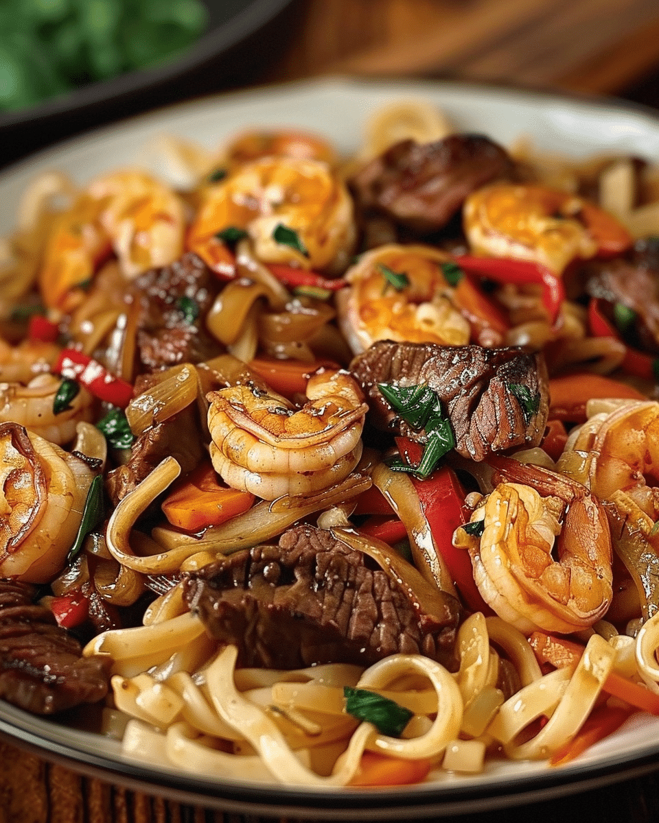 Steak & Shrimp Stir-Fried Noodles Recipe