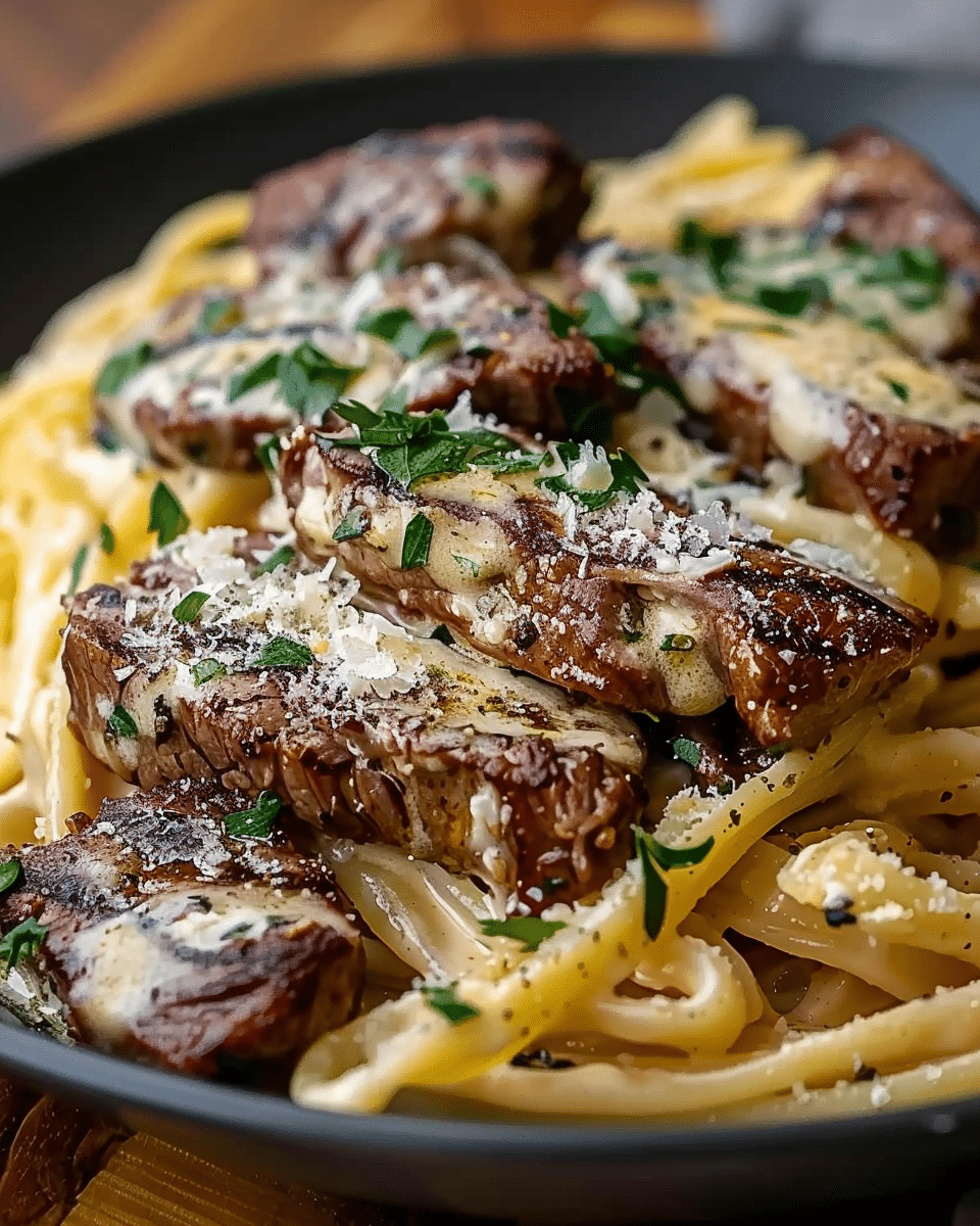 Steak and Creamy Garlic Parmesan Pasta