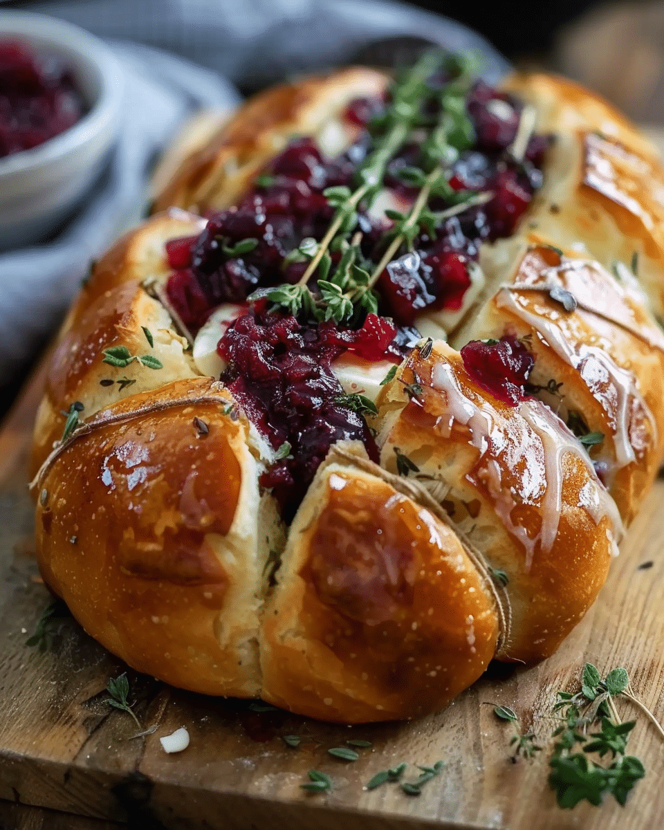 Garlic Herb Sourdough Bread Stuffed with Brie and Cranberry Sauce