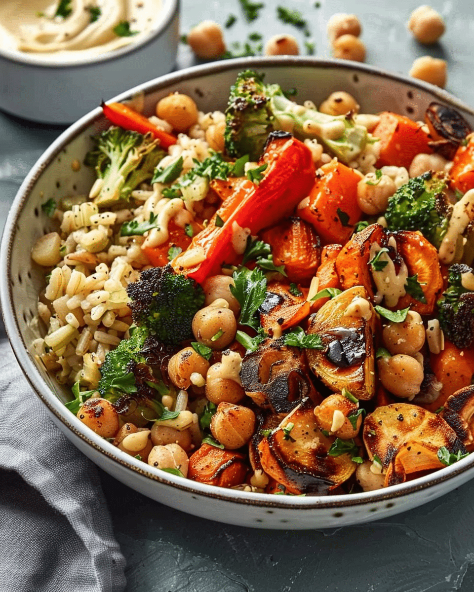 Roasted Veggie & Chickpea Bowls with Maple Dijon Tahini Dressing