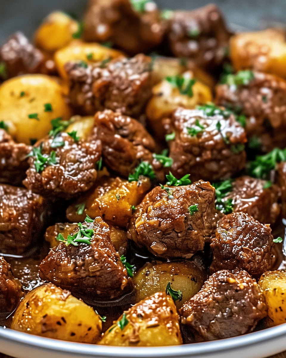 Slow Cooker Garlic Butter Beef Bites & Potatoes