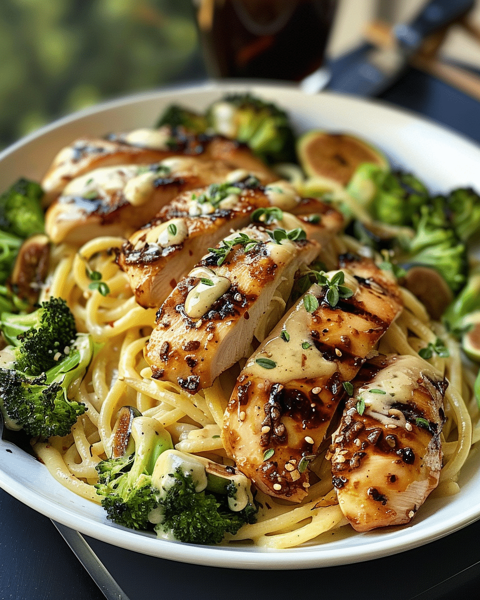 Hot Honey Garlic Chicken with Roasted Broccoli & Cheesy Fig-Balsamic Alfredo Spaghetti