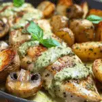 Creamy Garlic Mushroom Alfredo Chicken & Potatoes with Basil Pesto