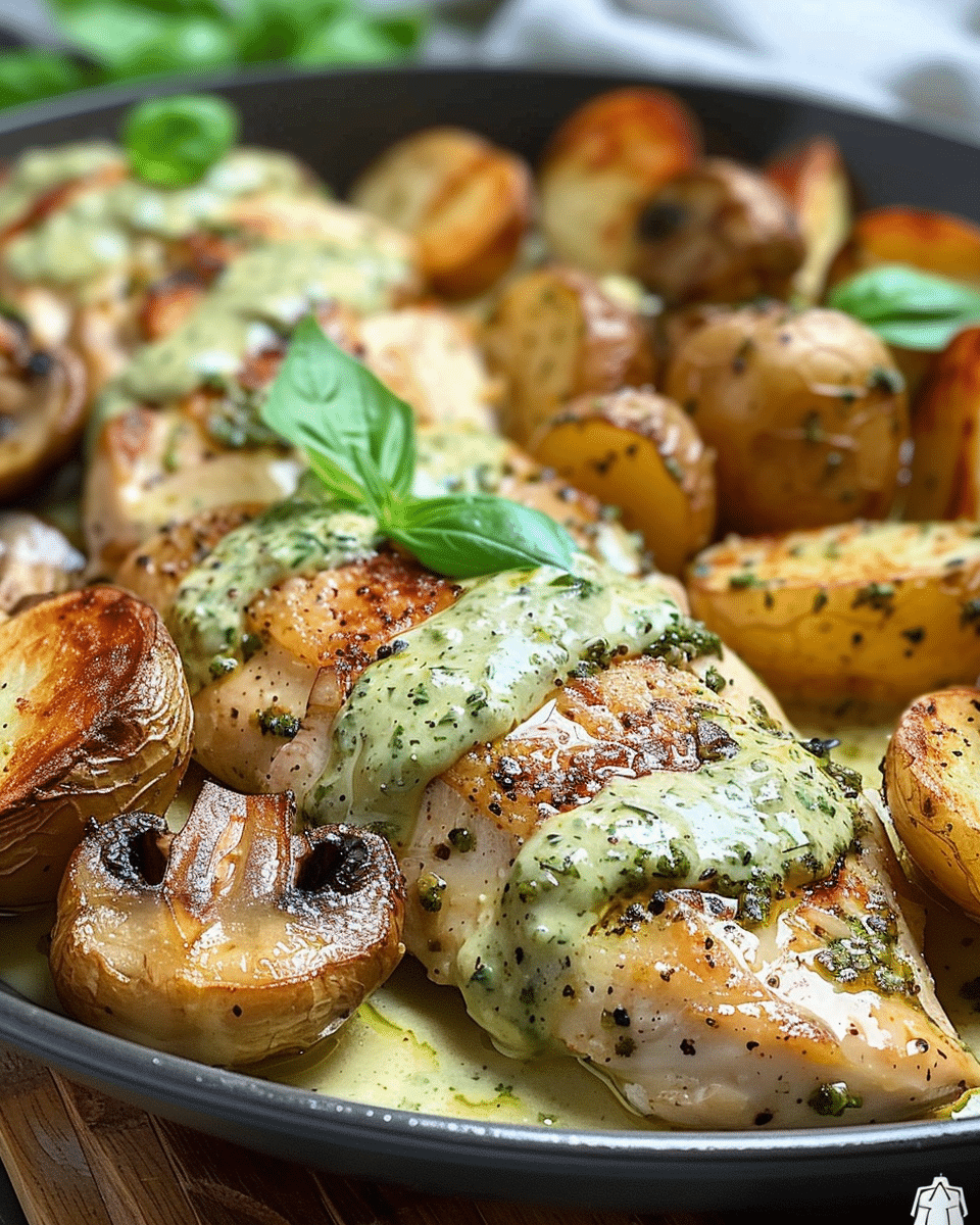 Creamy Garlic Mushroom Alfredo Chicken & Potatoes with Basil Pesto