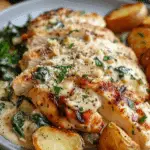 Spinach-Artichoke Garlic Chicken Alfredo with Crispy Parmesan Potatoes