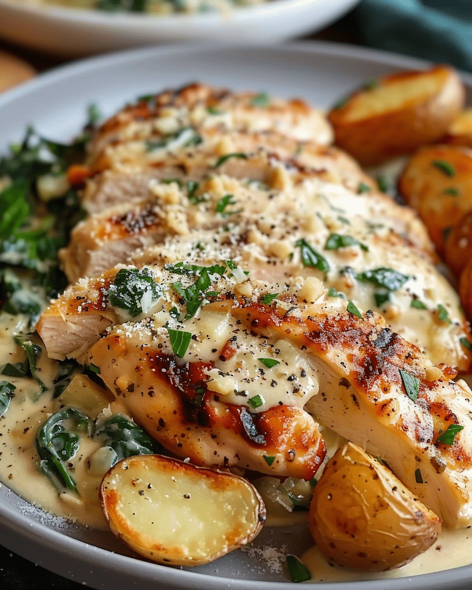 Spinach-Artichoke Garlic Chicken Alfredo with Crispy Parmesan Potatoes
